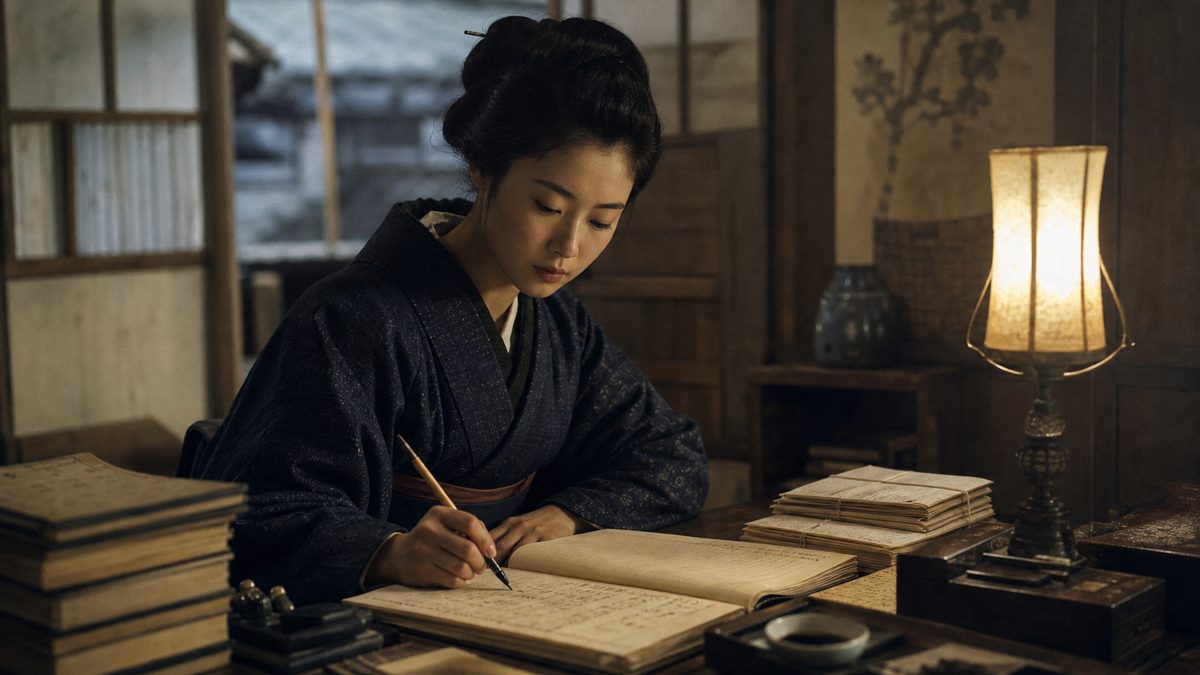 行灯のあかりが灯る座敷で、和装の女性が文机に向かい、筆で綴じ本に文字を書きつけている様子のイラスト。まわりには和綴じの本が積まれている