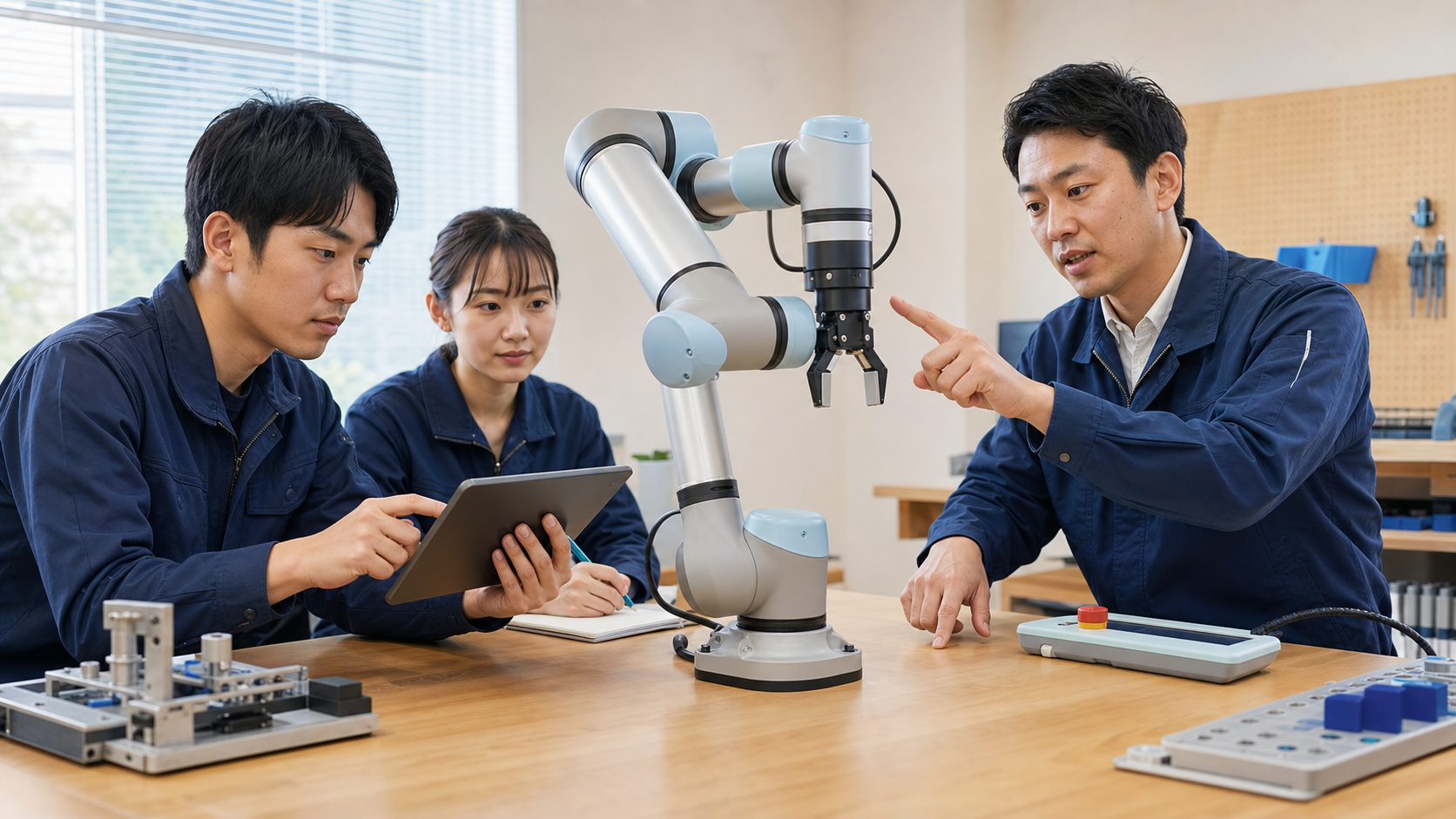 産業機械のかたわらでタブレットを手にした社会人が技術を学び直しているイラスト