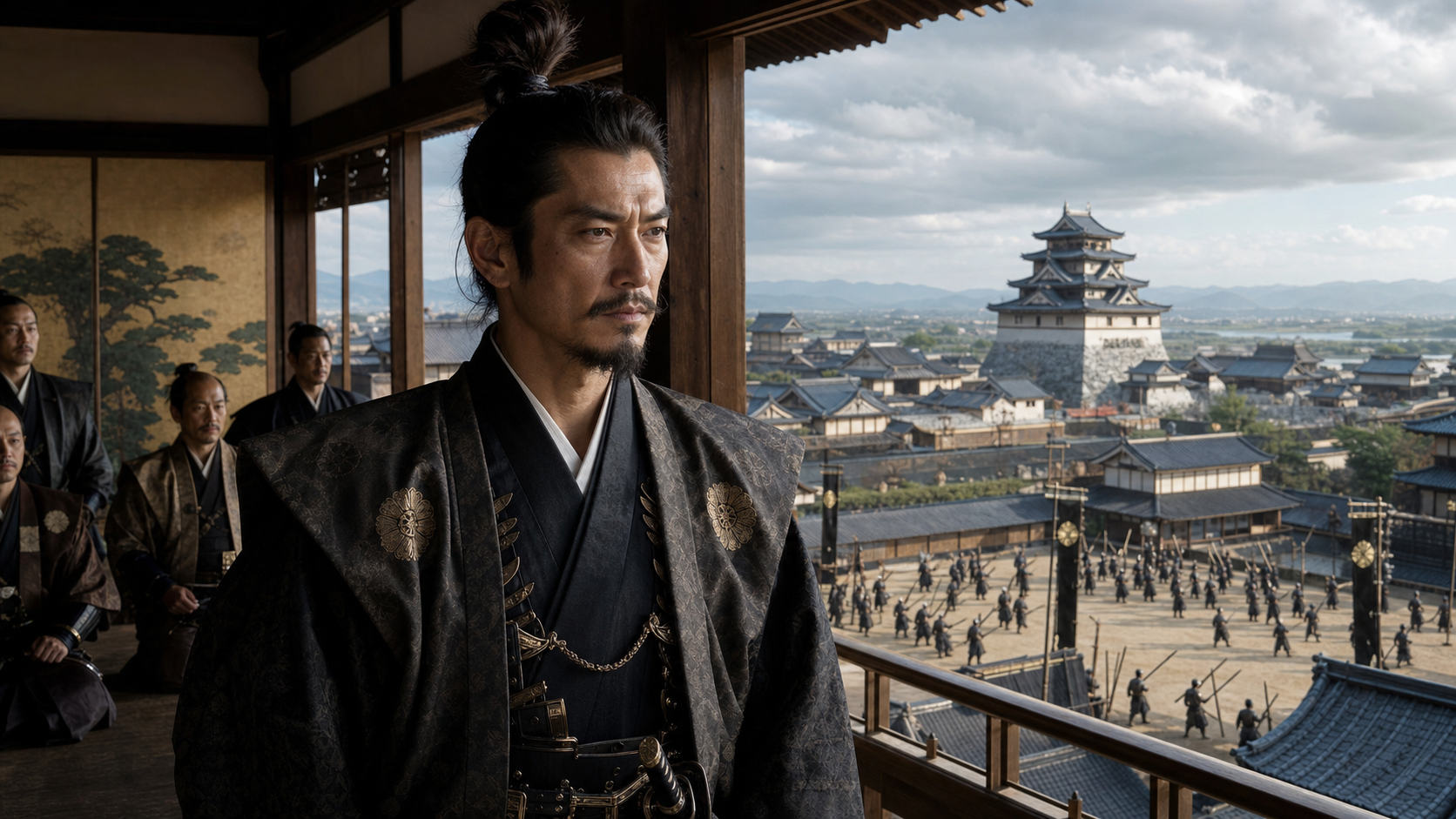 黒地に家紋をあしらった甲冑姿の武将が、天守と城下町を見下ろす回廊に立ち、背後には家臣や整列する兵たちの姿が見えるイラスト